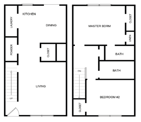 Floor plan for 2 beds, 2.5 baths, 985 sqft